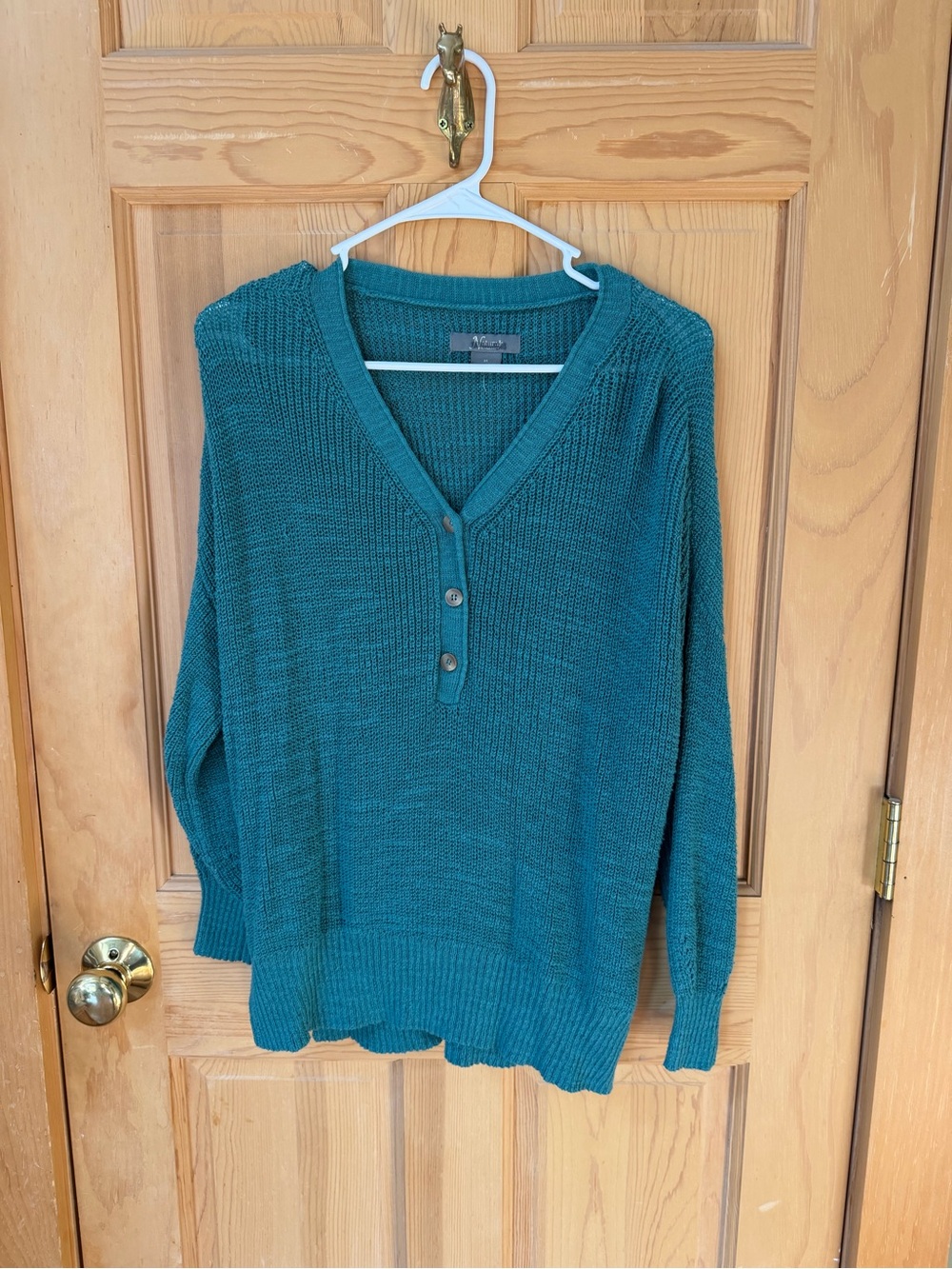 Natural Reflections Teal V-Neck Button Pullover Sweater